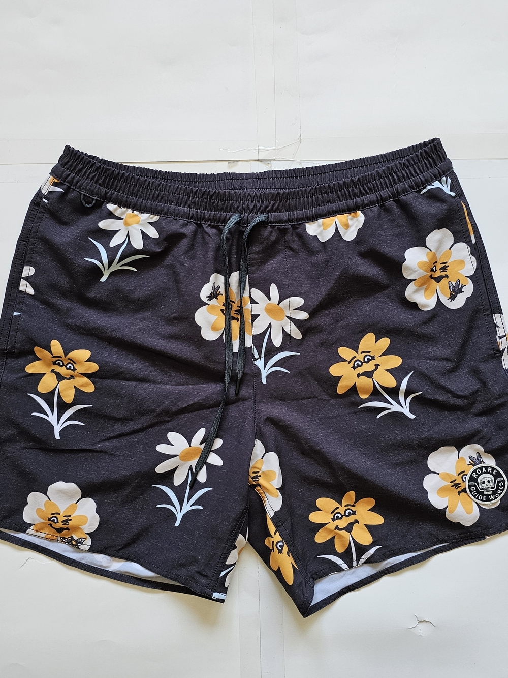 Roark Men's Black Swim Shorts with Yellow & White Floral Faces